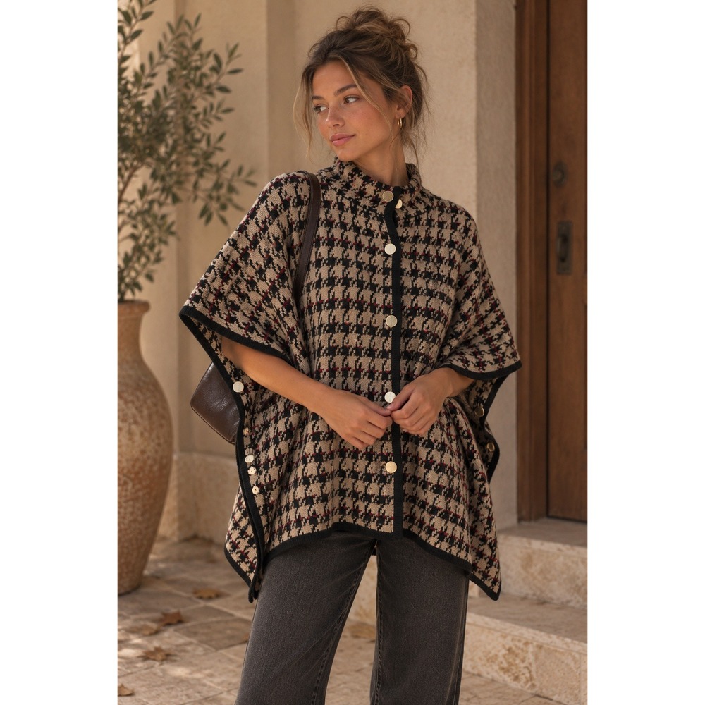Evan-Picone Black Label Houndstooth Knit Poncho Cape Gold Buttons Tan Black XS